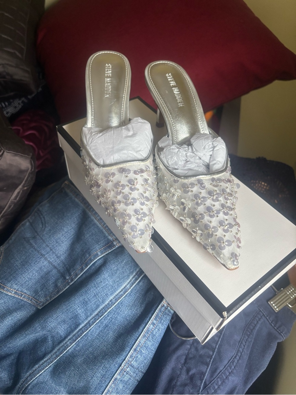 Steve Madden Silver Floral Beaded Pointed Mules